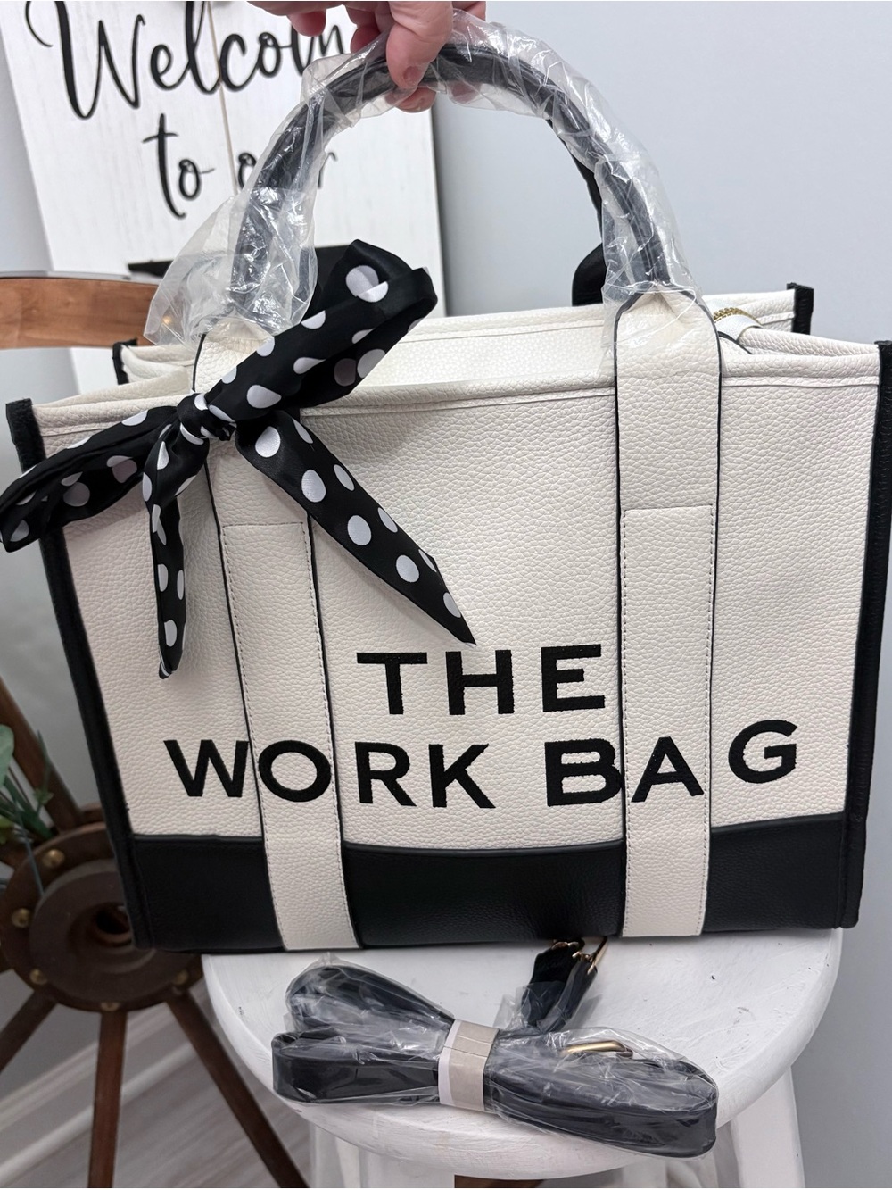 🖤 Two-Tone White and Black Tote Bag with “The Work Bag” lettering on front NWOT